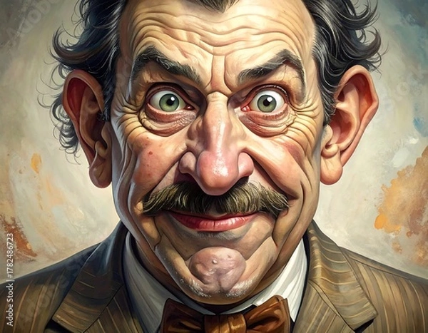 Fototapeta Caricature of an older man in a striped suit, with wide eyes and a large mustache