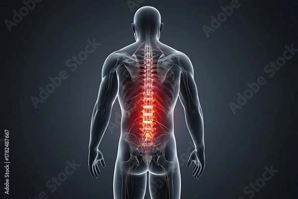 Fototapeta Human spine highlighted with red pain in a transparent male body