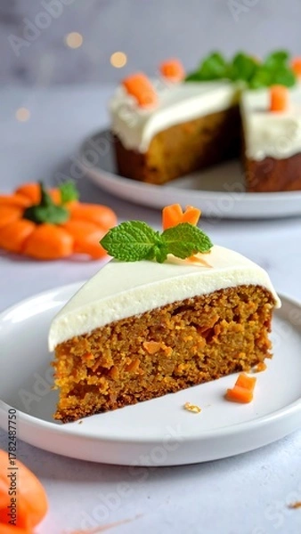 Fototapeta Carrot cake slice with cream cheese frosting and mint. Background of cake and pumpkins