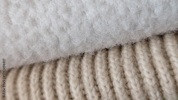 Obraz contrast of white fluffy fleece texture and beige ribbed knit fabric close-up