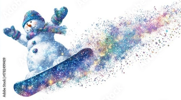Fototapeta Snowman enjoying snowboarding in a colorful winter scene with vibrant sparkles