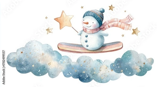 Fototapeta Cute snowman with a star wand surfing on clouds during a snowy winter day in a whimsical setting