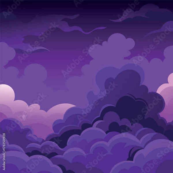 Fototapeta Mystical night landscape with glowing purple clouds, dark silhouettes of trees, and a dreamy fantasy sky — vector illustration, flat style, soft gradient