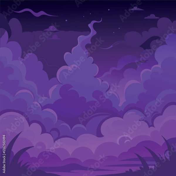 Fototapeta Mystical night landscape with glowing purple clouds, dark silhouettes of trees, and a dreamy fantasy sky — vector illustration, flat style, soft gradient