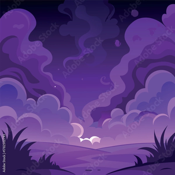 Fototapeta Mystical night landscape with glowing purple clouds, dark silhouettes of trees, and a dreamy fantasy sky — vector illustration, flat style, soft gradient