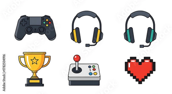 Fototapeta Gaming elements arranged on white surface representing hobby and recreation with controller, headset, trophy and joystick, creating playful and engaging mood.