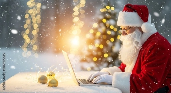 Fototapeta Santa Claus working on laptop in snowy outdoor setting with lights  