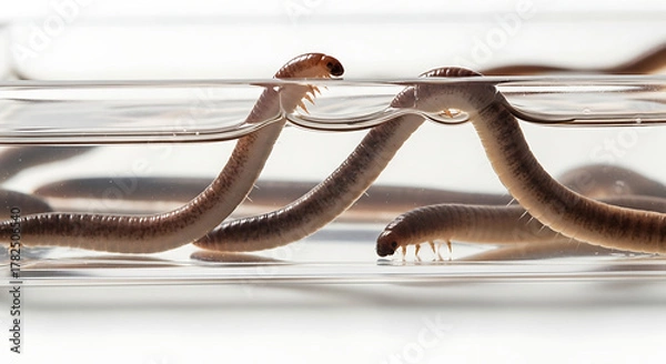 Fototapeta Millipedes crawl through water in glass container during scientific experiment, showcasing nature's adaptability and resilience.