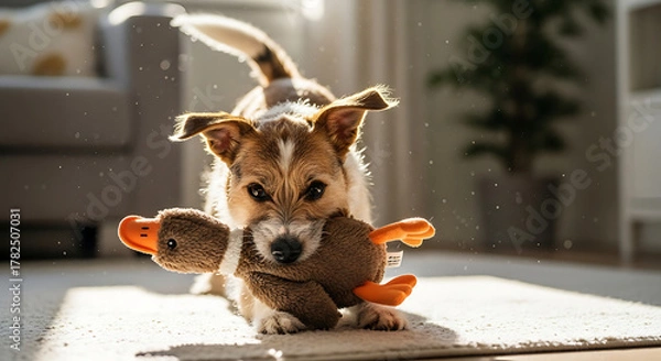 Fototapeta Jack Russell terrier playing with a plush duck toy inside a brightly lit living room on a sunny day, showcasing joyful companionship and playful energy.