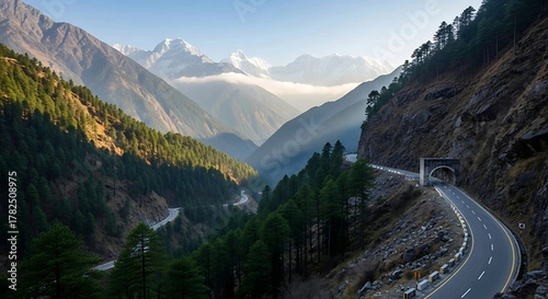 Fototapeta Winding road snakes through the mountainous valley in the Himalayas, surrounded by lush green forests and snowcapped peaks, creating a scenic and breathtaking view.
