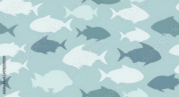 Fototapeta Silhouettes of fish swim in a repeating pattern on light blue textured paper, creating a calming underwater scene.