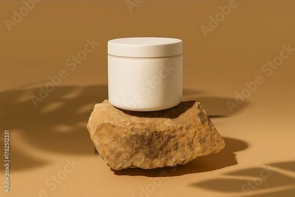 Fototapeta High-quality cosmetic cream jar mockup on natural rock with warm tones, perfect for skincare branding and minimalist product design.
