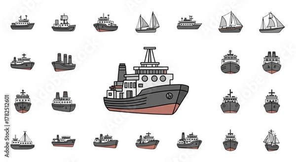 Fototapeta Diverse Collection of Ship and Boat Icons for Maritime Logistics Web Design Projects