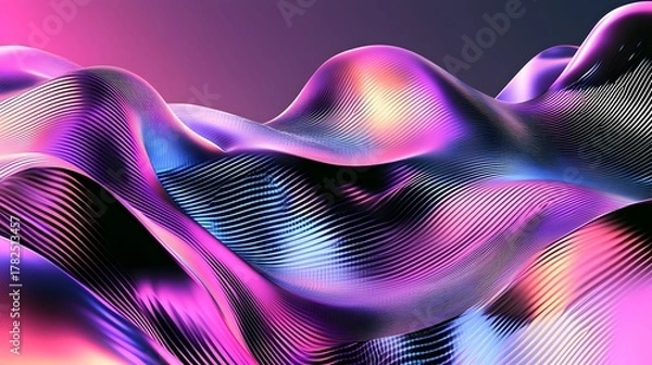 Fototapeta Iridescent three dimensional surface undulates with vibrant magenta and purple light reflections