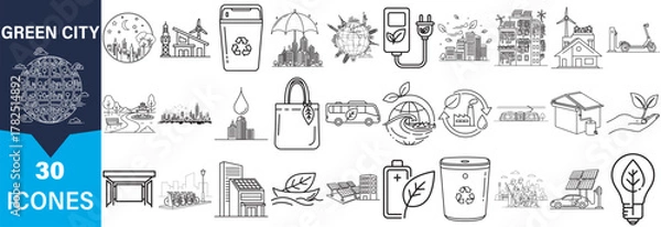 Fototapeta A grid of 30 hand drawn line art icons representing green city concepts and eco friendly themes in a distinctive silhouette style.