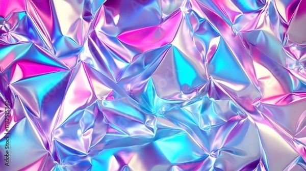 Fototapeta Intense colorful highlights reflect across a deeply creased metallic surface texture