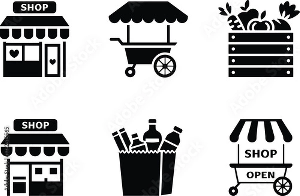 Fototapeta Vector illustration of six black-and-white shopping icons including storefronts, market carts, grocery bag, and produce crate in minimal style