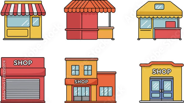 Fototapeta Vector illustration of six colorful storefronts including market stall, shutter shop, two-story buildings, striped awnings, and urban retail facades