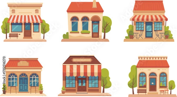 Fototapeta Vector illustration of six colorful storefronts with awnings, trees, benches, outdoor seating, and stylized small business architecture