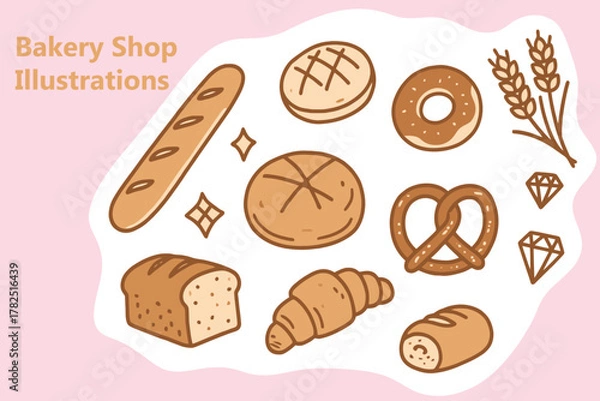 Obraz Bakery shop vector illustration with different kind of bread. Includes loaf, croissant, pretzel, donut, bun, baguette and wheat. Isolated on pink background.