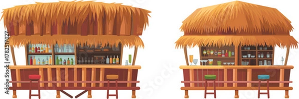 Fototapeta Vector illustration of two tropical tiki bars with thatched roofs, wooden counters, stools, liquor bottles, and beachside rustic design
