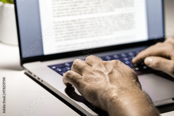 Obraz Writing blog content. Writer and computer. Typing article with laptop. Letter, book, text, report or journal. Essay, document or news by journalist man. Editor or author. Online resume.