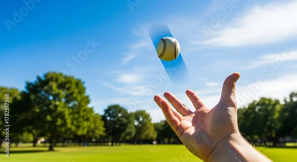 Fototapeta Hand throws baseball high into the air in a sunny park on a bright summer day, symbolizing leisure and recreation.