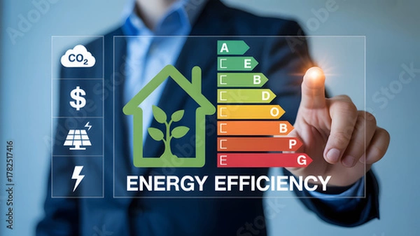 Fototapeta Professional analyzing energy efficiency rating system for sustainable building, saving money, and reducing carbon footprint with innovation.