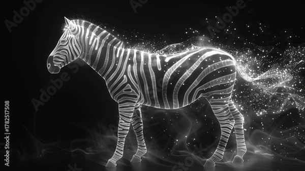 Obraz Abstract digital zebra, glowing white outline on a dark background, with particle effects.
