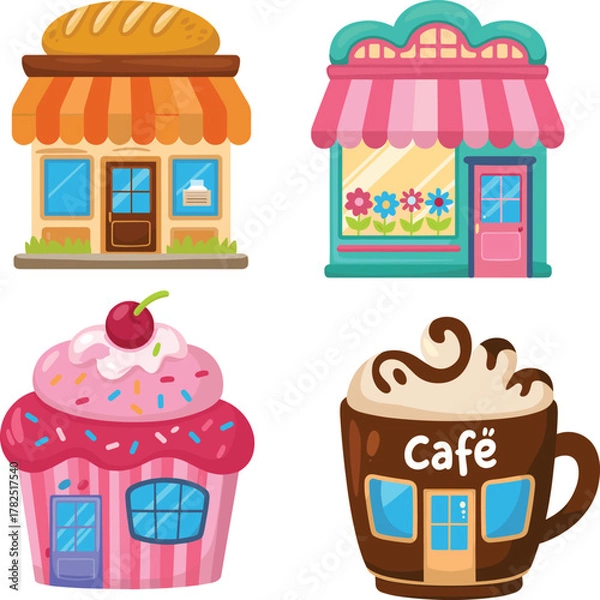 Fototapeta Whimsical storefront illustration featuring bakery, flower shop, cupcake shop, and coffee café with themed architecture and colorful design