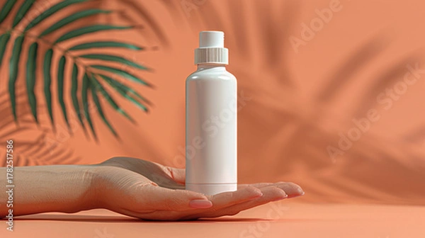 Fototapeta Hand holding a blank white spray bottle,  with tropical palm leaves in the background, against a peachy-orange backdrop.  Soft, diffused lighting creates a serene and healthy aesthetic..