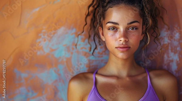 Fototapeta Young woman with serious expression, resting against a wall, with a neutral expression.