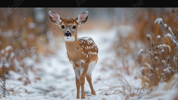 Obraz Cute fawn in snowy forest.