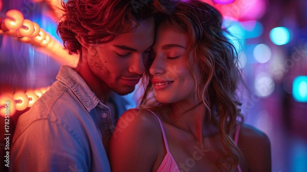 Obraz Loving couple embrace at night, illuminated by vibrant neon lights.
