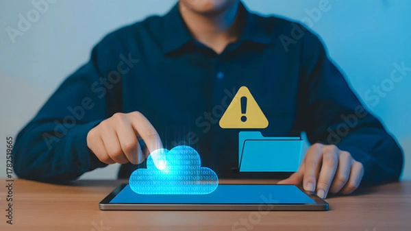 Fototapeta Person interacting with digital cloud data on tablet, warning symbol, and file folder, representing cybersecurity and data management solutions.