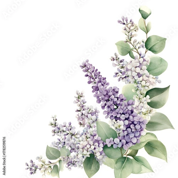 Obraz Watercolor botanical arrangement features clusters of purple and white blossoms with soft green foliage positioned in the lower right corner