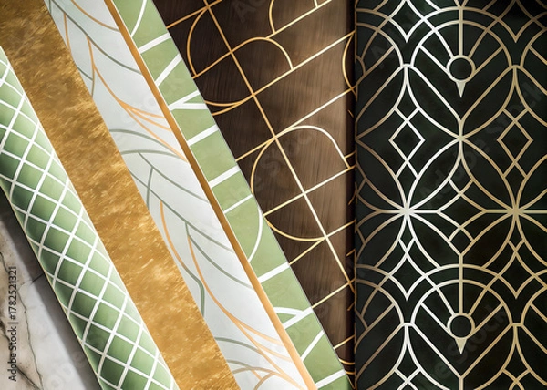 Obraz Elegant Geometric Wallpaper Rolls With Gold Accents In Green, Brown, And Black Art Deco Pattern