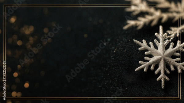 Fototapeta Celebrate the New Year with a festive black velvet background and elegant gold accents featuring a sparkling silver snowflake design