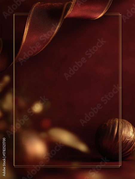 Fototapeta Holiday postcard design featuring a deep burgundy background with a gold abstract ribbon and blurred bronze elements for a festive touch