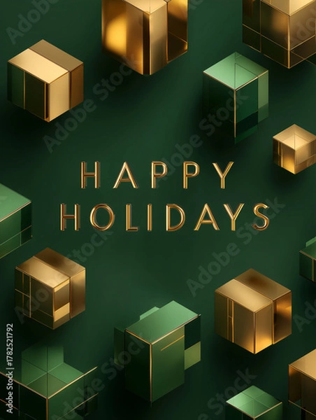 Fototapeta Floating geometric cubes in gold on deep forest green background celebrate the holiday season with elegant design elements and festive spirit