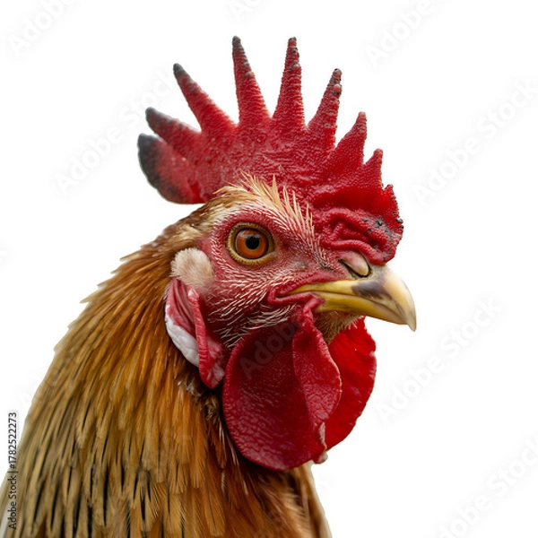 Obraz Close up view of rooster head showing comb and wattle with eye looking directly into camera with brown feathers around neck