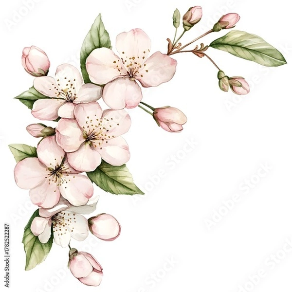 Obraz Delicate cluster of pale pink blossoms and green foliage arranged diagonally on a white background
