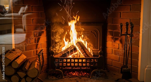 Fototapeta Crackling fire burns brightly in brick fireplace on cozy winter evening, creating warm and inviting atmosphere for relaxation and comfort.