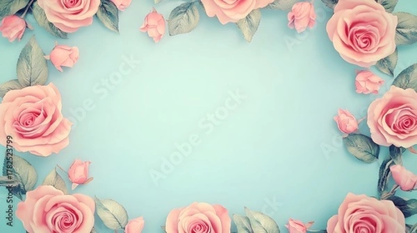 Obraz Pink roses and foliage frame a pale blue background space for text