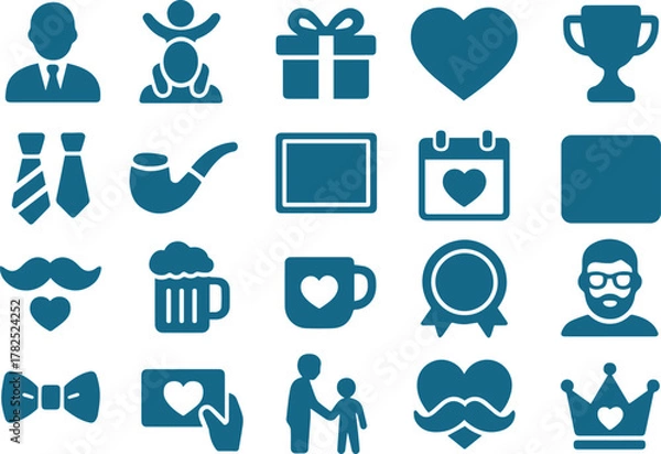 Fototapeta Fathers day icon set isolated on white background, featuring symbols of love, appreciation, and celebration for dads in a simple black silhouette style