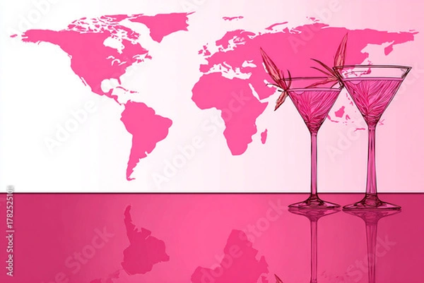 Fototapeta Illustration of pink martini in a modern setting with world map backdrop