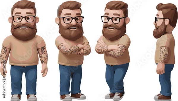 Fototapeta Bearded man character design, cartoon male with glasses, tattooed arms, casual outfit, front side back views, vector illustration for animation, modeling