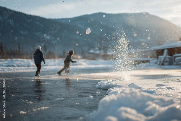 Obraz Child skips stones on river dock while friend throws snowball in winter landscape with mountains and sunlight