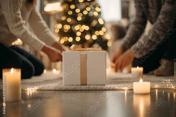 Obraz Woman wrapping a gift while man arranges candles in cozy apartment decorated for the holidays