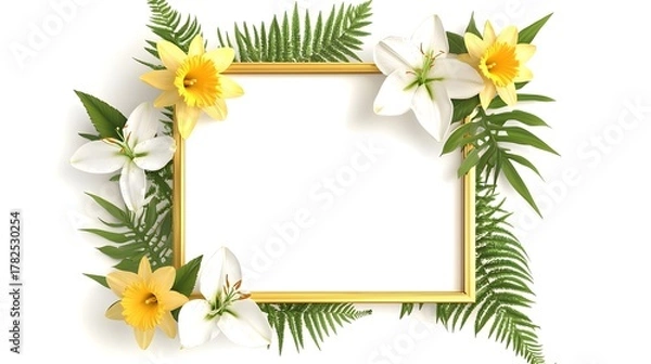 Obraz Golden rectangular frame decorated with bright yellow daffodils and white lilies surrounded by vibrant green fern fronds
